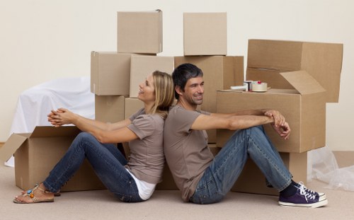 Organised moving boxes labeled for a house relocation in Uxbridge